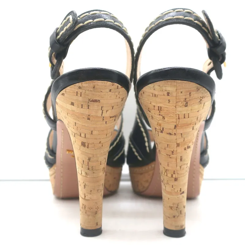 Prada Cork Platform Crisscross Sandals Black Leather Size 36.5 Slingback Heels