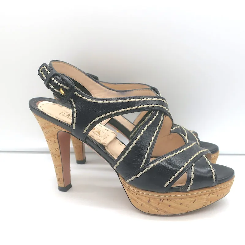 Prada Cork Platform Crisscross Sandals Black Leather Size 36.5 Slingback Heels