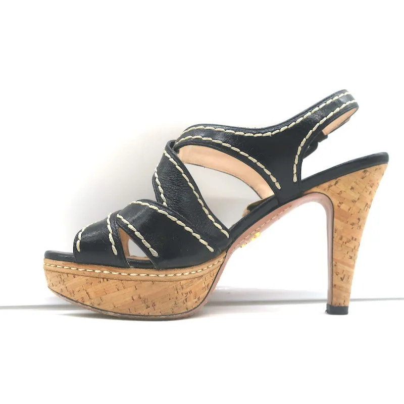 Prada Cork Platform Crisscross Sandals Black Leather Size 36.5 Slingback Heels