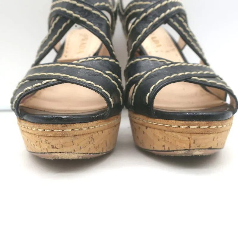 Prada Cork Platform Crisscross Sandals Black Leather Size 36.5 Slingback Heels