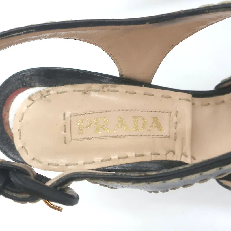 Prada Cork Platform Crisscross Sandals Black Leather Size 36.5 Slingback Heels