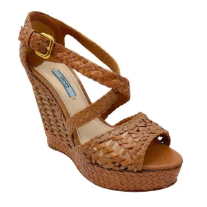 Prada Light Brown Woven Leather Platform Wedge Sandals