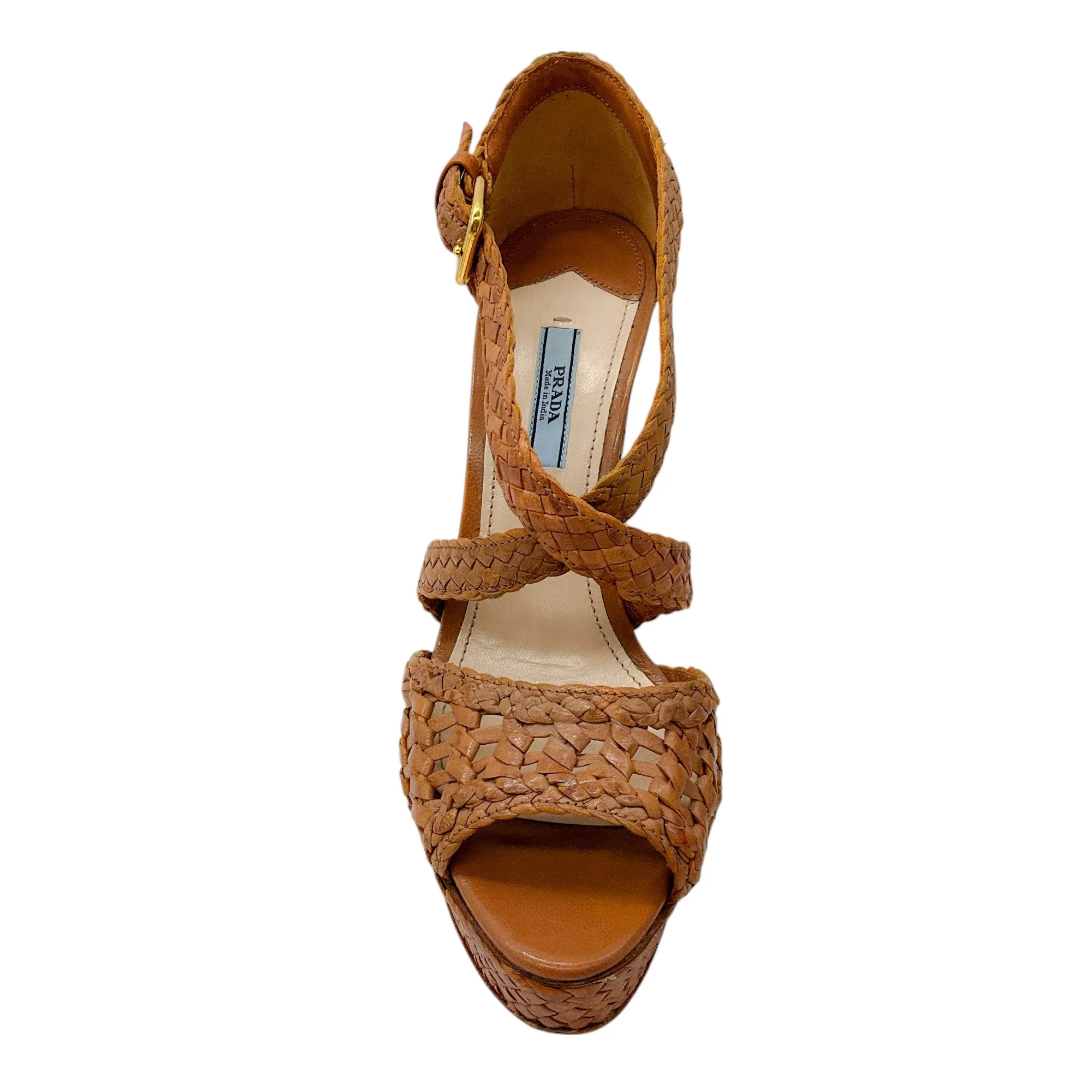 Prada Light Brown Woven Leather Platform Wedge Sandals