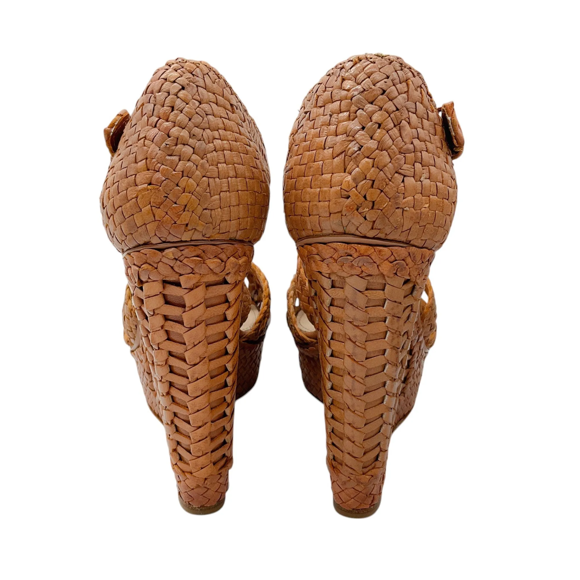 Prada Light Brown Woven Leather Platform Wedge Sandals