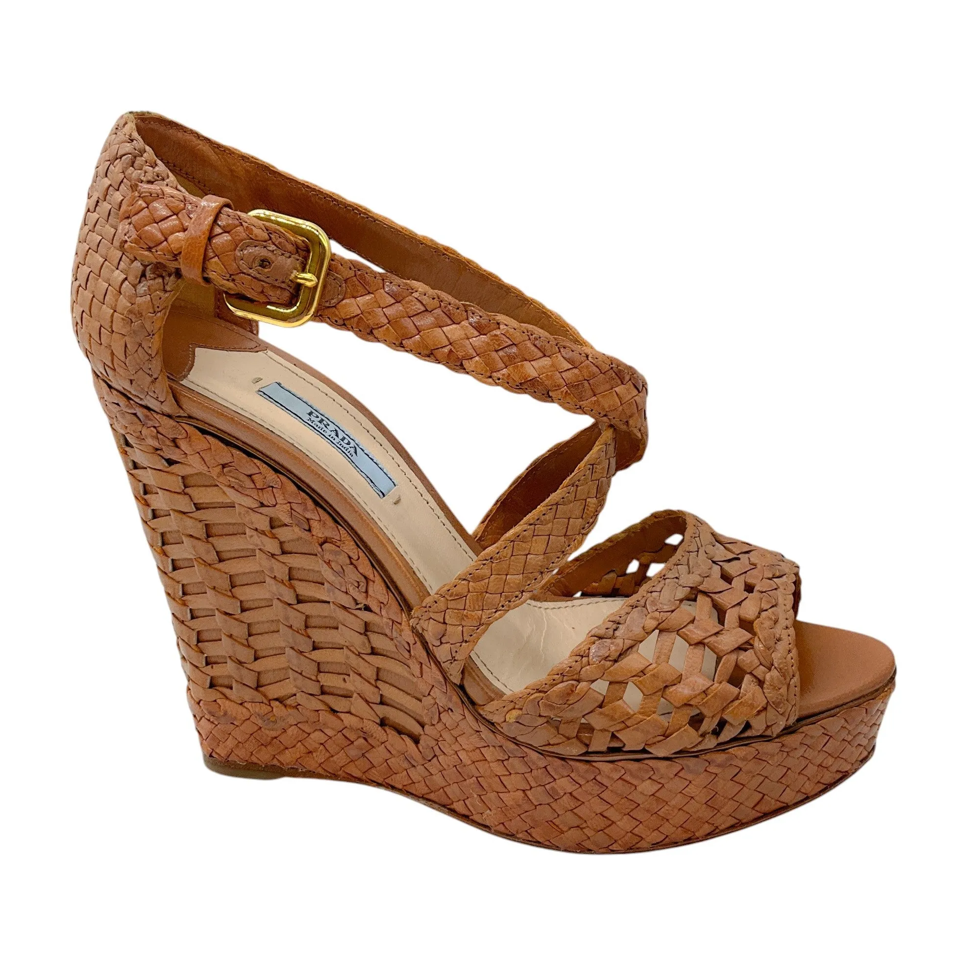 Prada Light Brown Woven Leather Platform Wedge Sandals