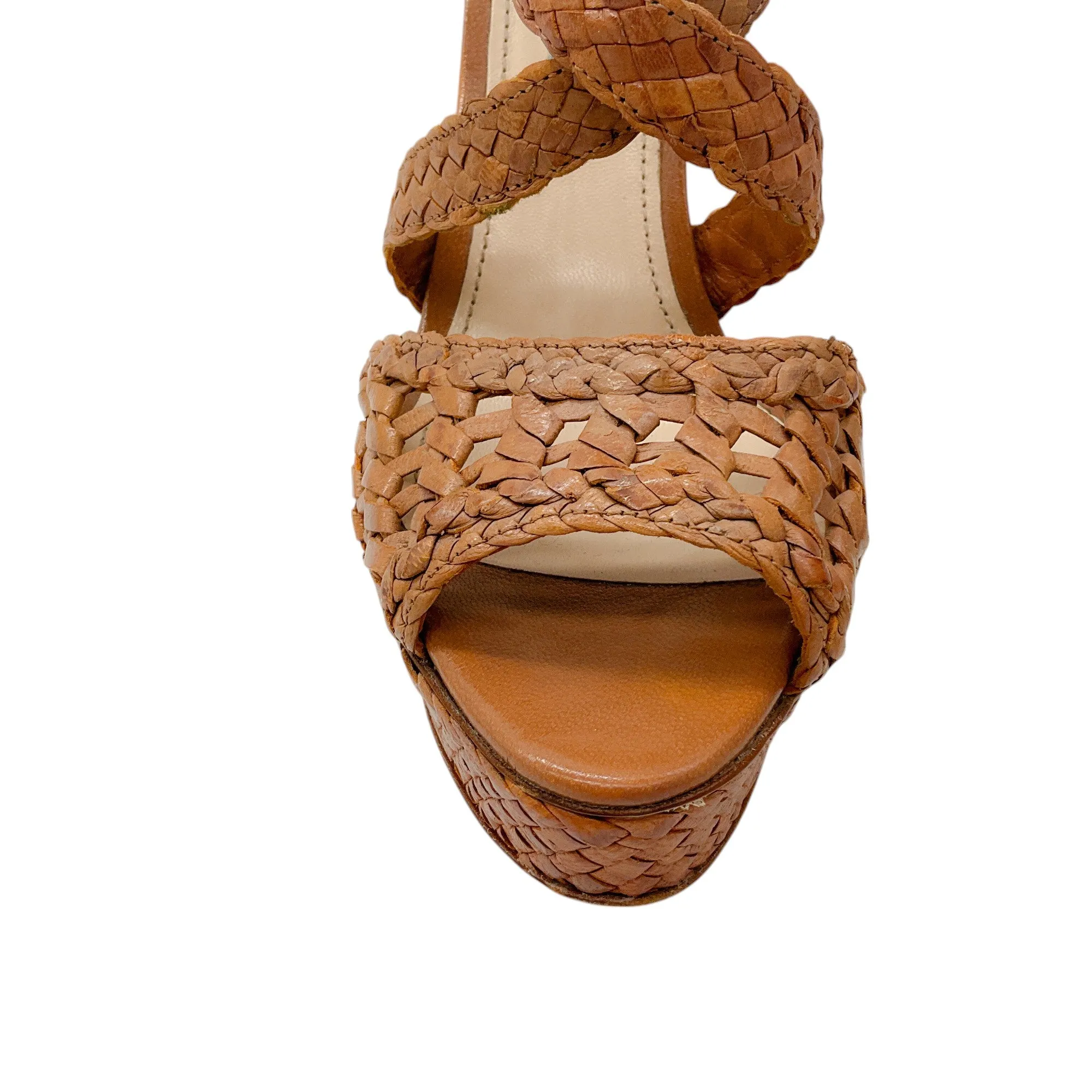Prada Light Brown Woven Leather Platform Wedge Sandals
