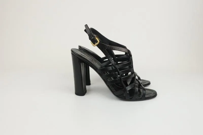 Prada Slingback Sandals Black Madras Woven Leather Size 38.5 Open Toe Heel