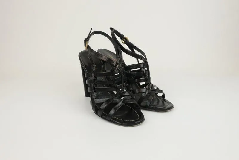Prada Slingback Sandals Black Madras Woven Leather Size 38.5 Open Toe Heel