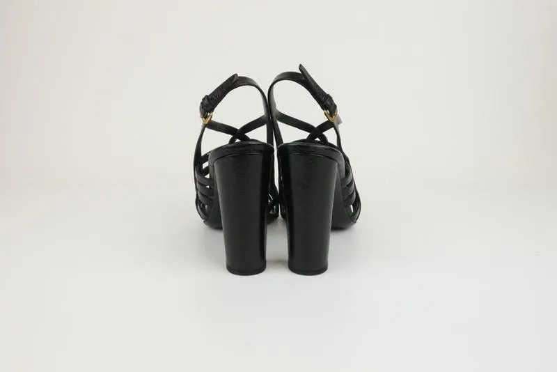 Prada Slingback Sandals Black Madras Woven Leather Size 38.5 Open Toe Heel
