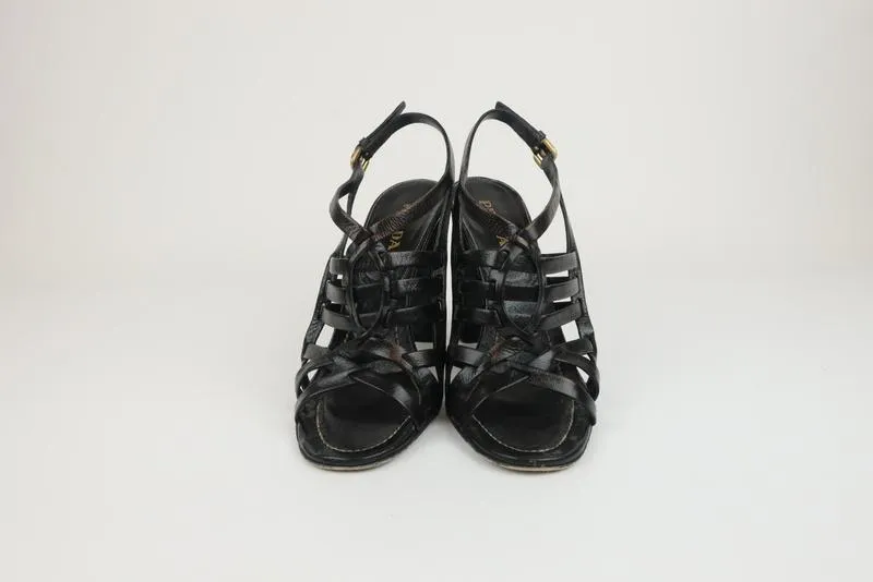 Prada Slingback Sandals Black Madras Woven Leather Size 38.5 Open Toe Heel