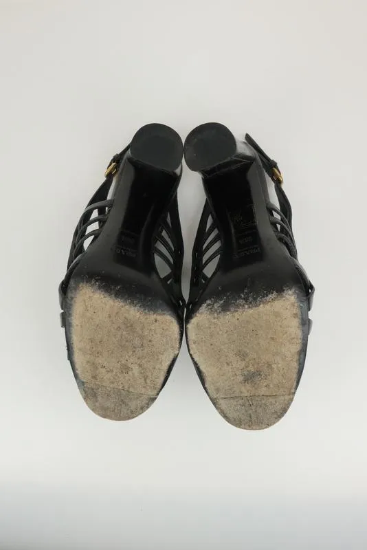 Prada Slingback Sandals Black Madras Woven Leather Size 38.5 Open Toe Heel