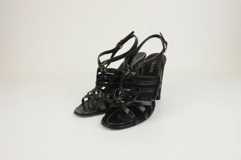 Prada Slingback Sandals Black Madras Woven Leather Size 38.5 Open Toe Heel