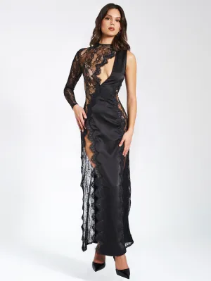 PRE-ORDER Contessa Satin Lace High Slit Dress x Black