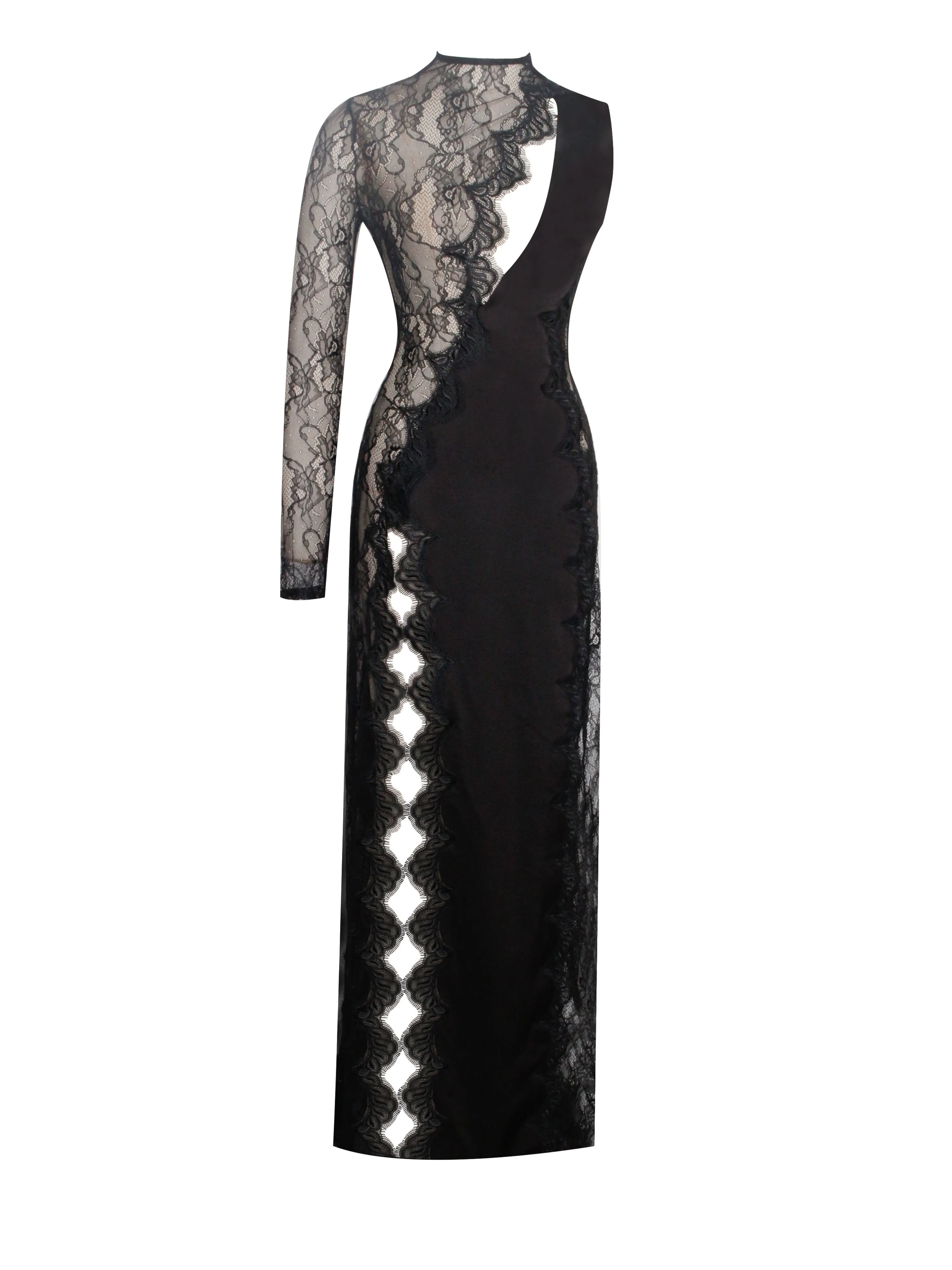 PRE-ORDER Contessa Satin Lace High Slit Dress x Black