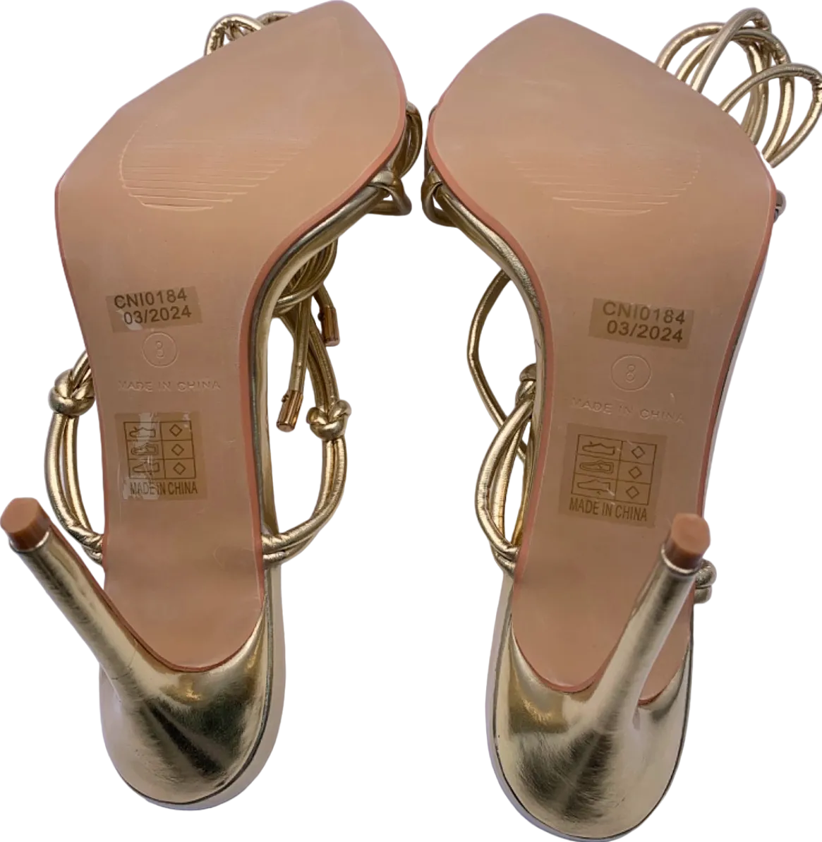 PrettyLittleThing Gold Metallic Strappy Lace Up Heeled Sandals UK 5