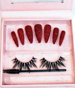 "Mahogany'' 24 Piece Stiletto Press-On Nail with Glue & 25mm Lash Bundle