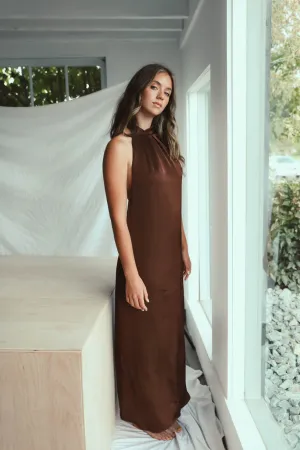 Rae: High Neck Mocha Satin Dress