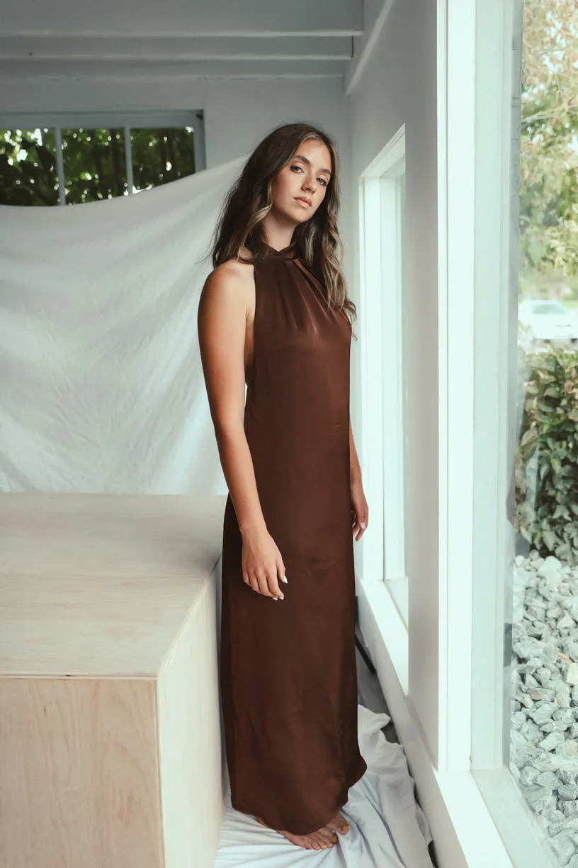 Rae: High Neck Mocha Satin Dress