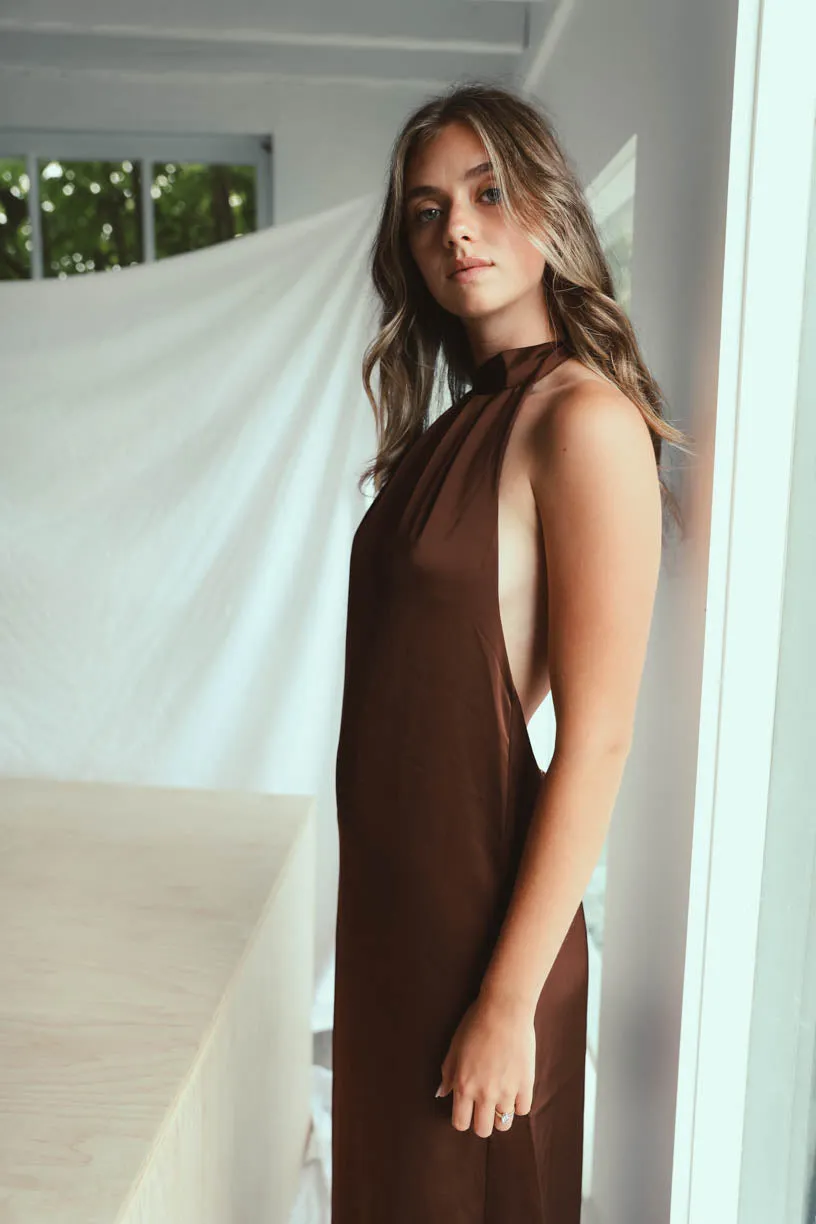 Rae: High Neck Mocha Satin Dress