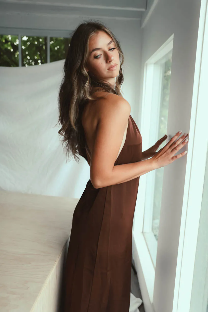 Rae: High Neck Mocha Satin Dress