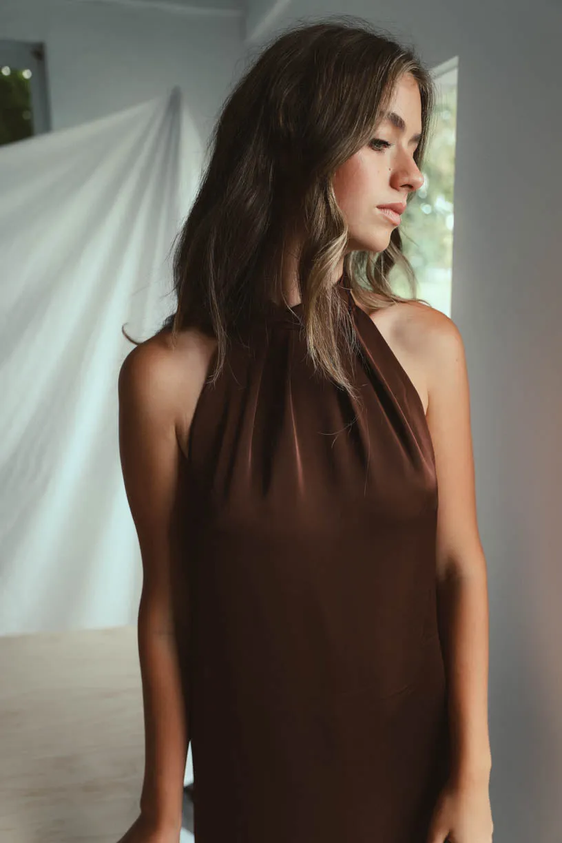 Rae: High Neck Mocha Satin Dress