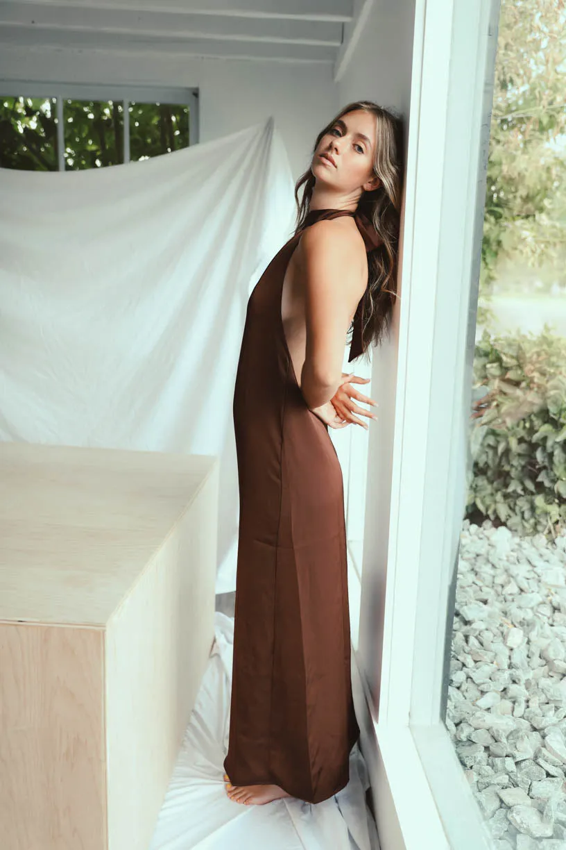 Rae: High Neck Mocha Satin Dress