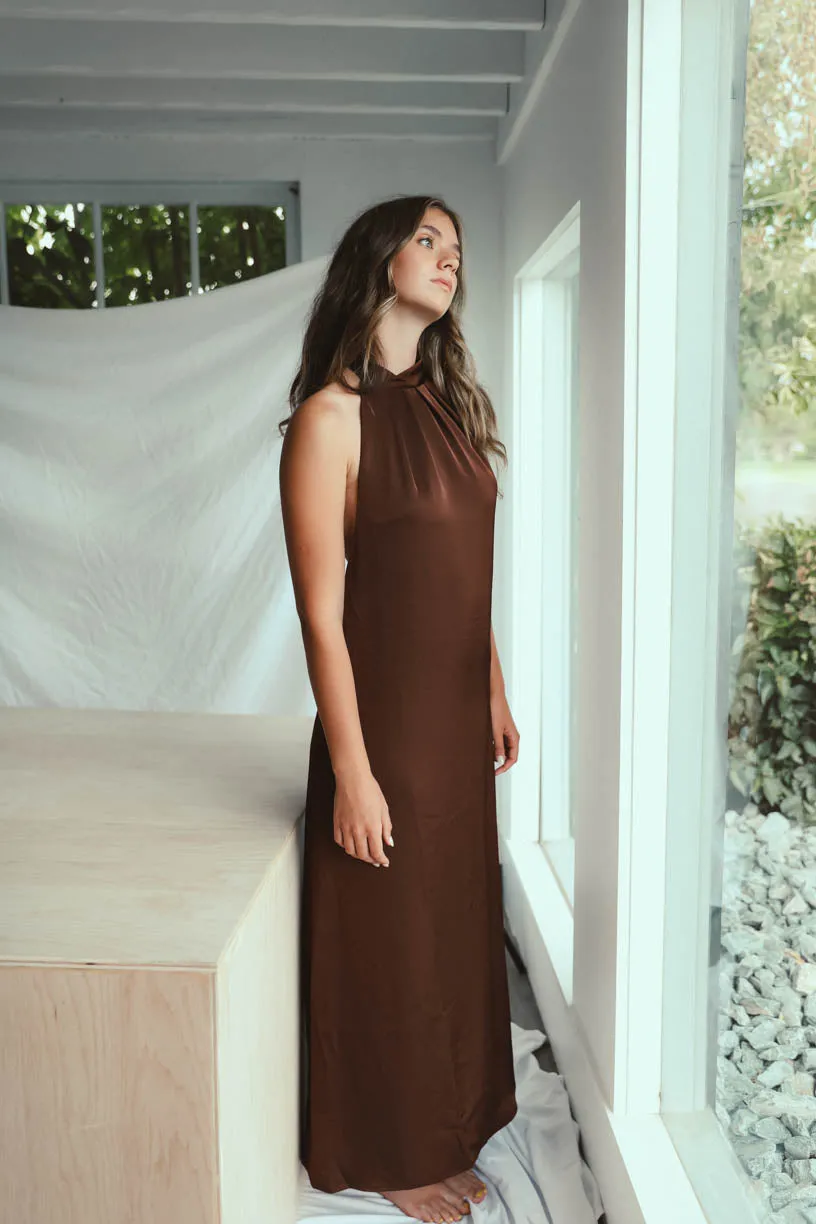 Rae: High Neck Mocha Satin Dress