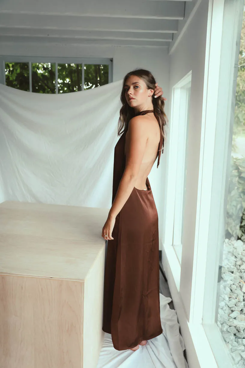 Rae: High Neck Mocha Satin Dress