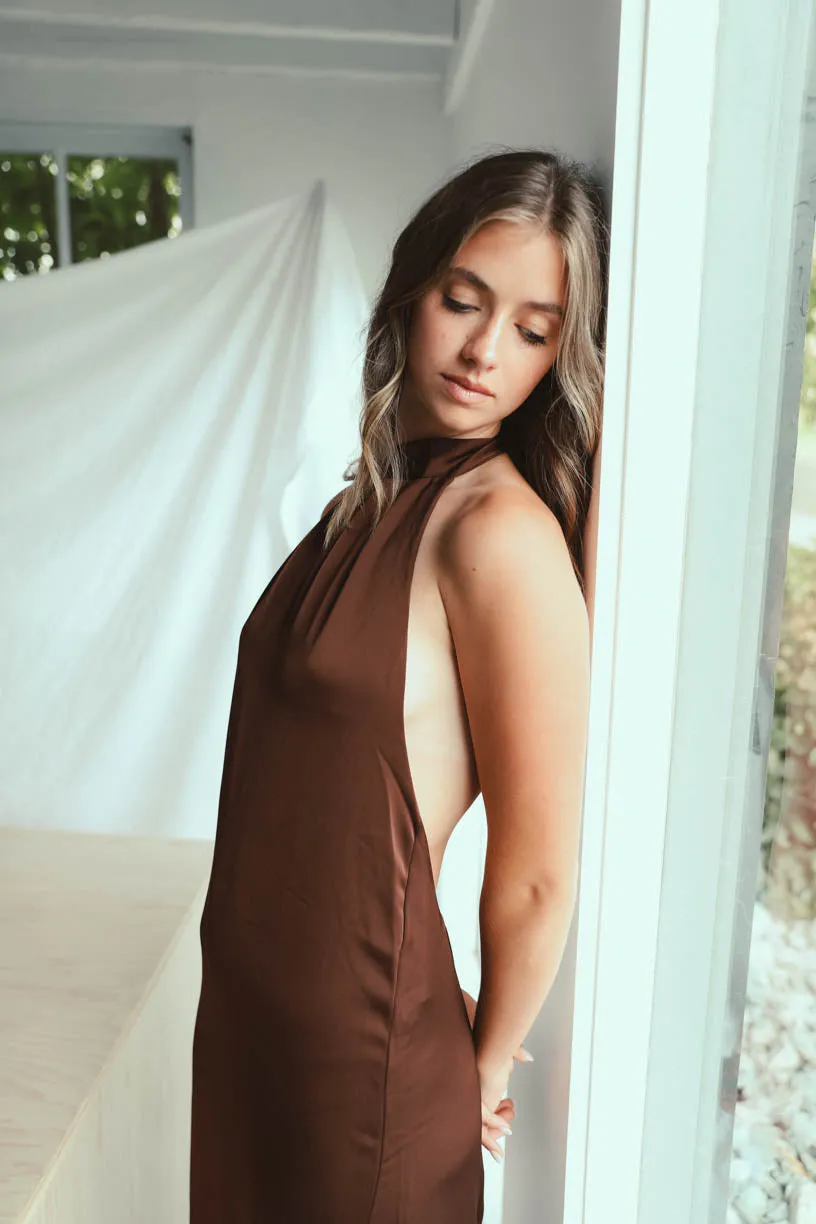 Rae: High Neck Mocha Satin Dress
