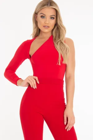 Red One Sleeve Slit Detail Slinky Bodysuit - Kassi