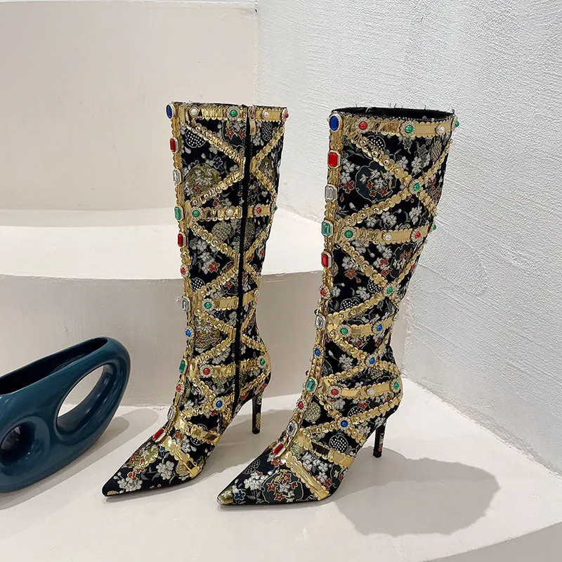 Rhinestone Stiletto High Heel Boots