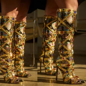 Rhinestone Stiletto High Heel Boots