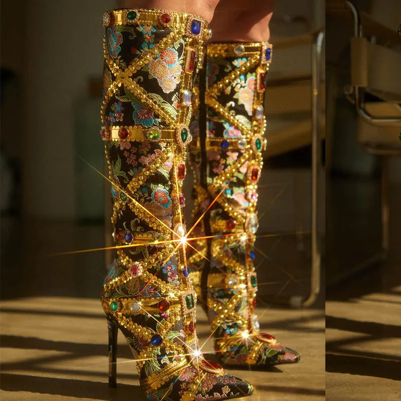 Rhinestone Stiletto High Heel Boots