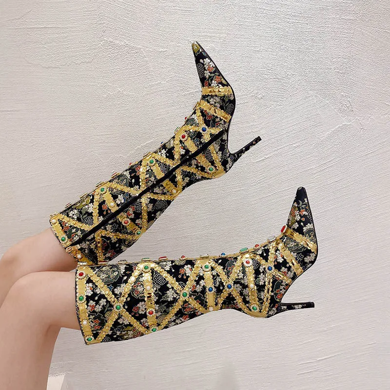 Rhinestone Stiletto High Heel Boots