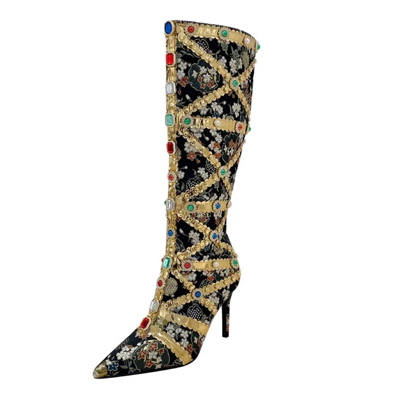 Rhinestone Stiletto High Heel Boots