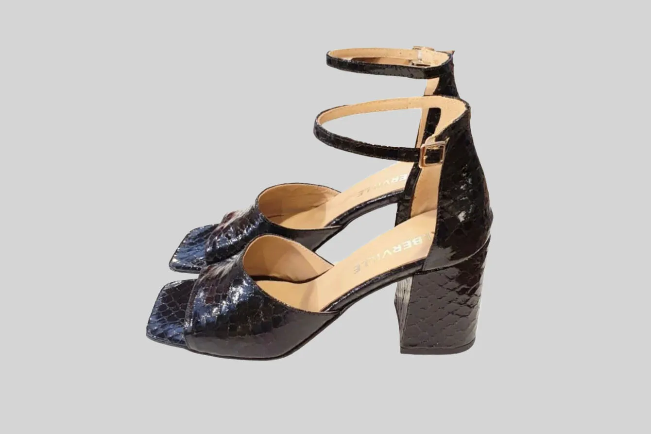 Rihanna Black Snake Heeled Sandals
