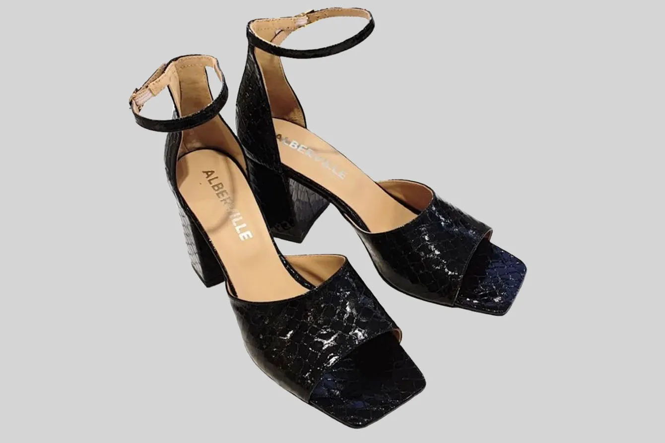 Rihanna Black Snake Heeled Sandals