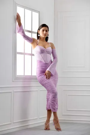 Ruched Moment - Lavender mesh corset body con dress