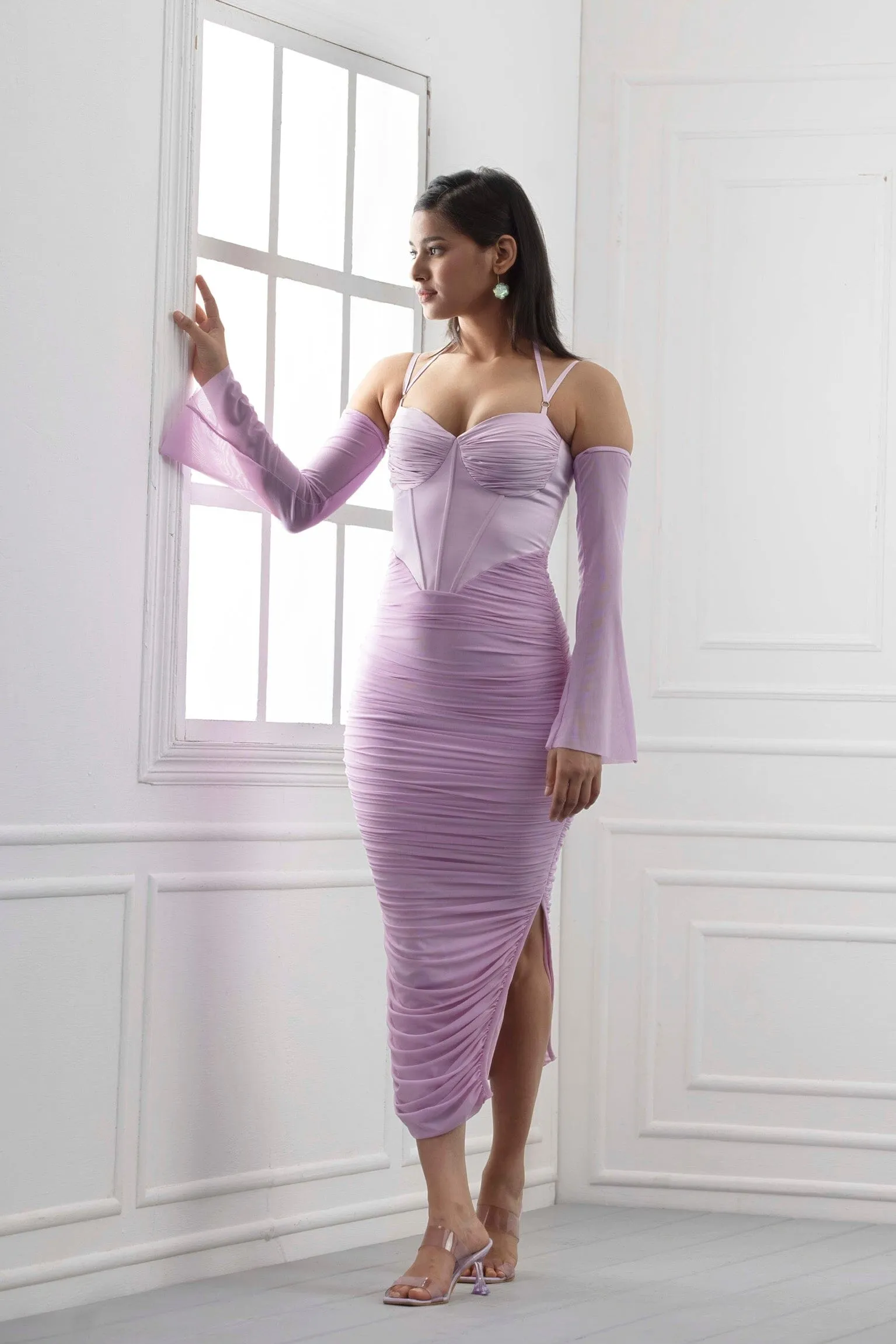 Ruched Moment - Lavender mesh corset body con dress