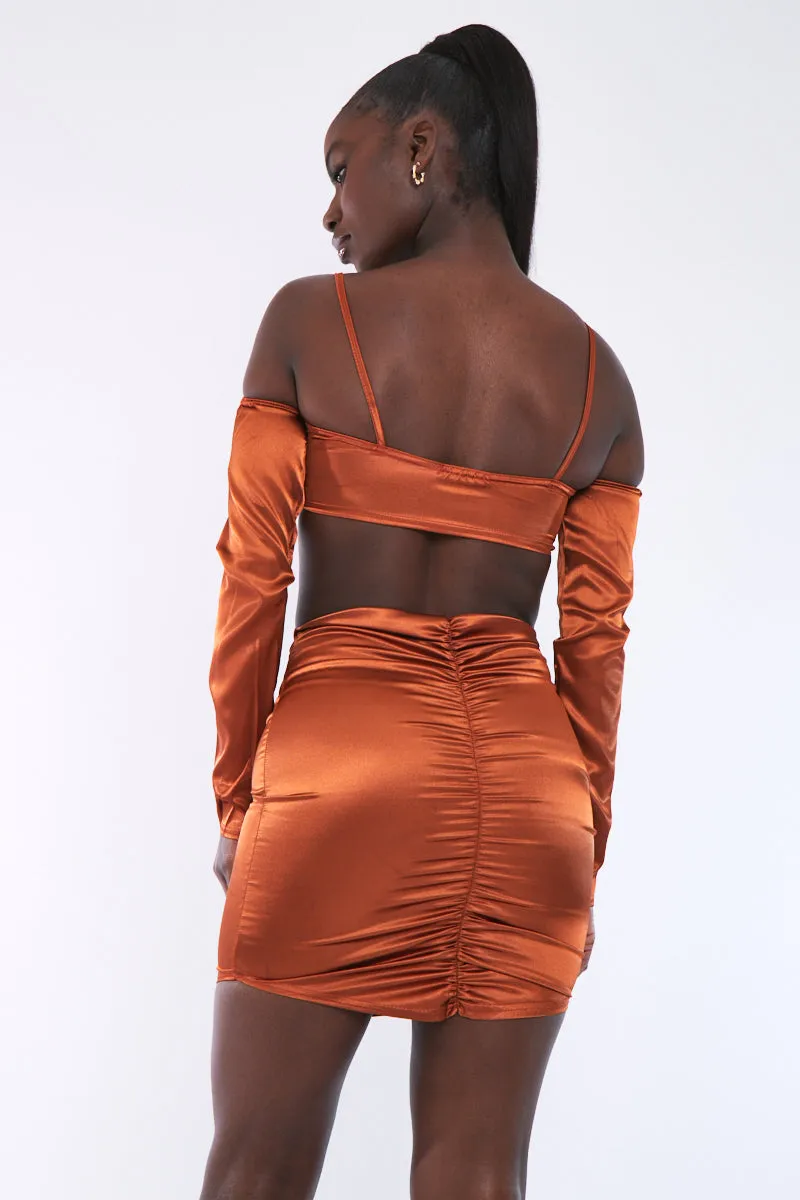 Rust Bardot Satin Crop Top - Alana