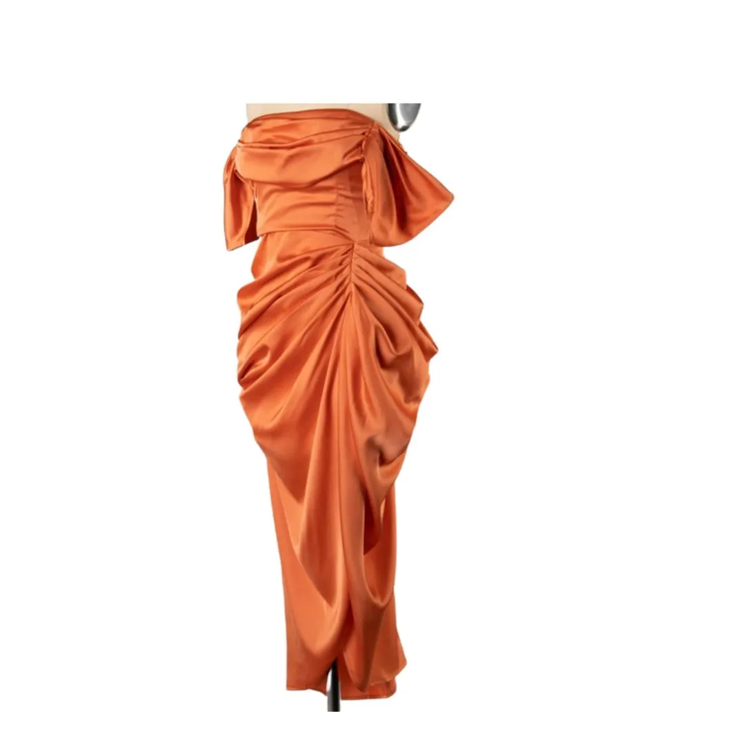 Rust Satin Draped Midi Dress