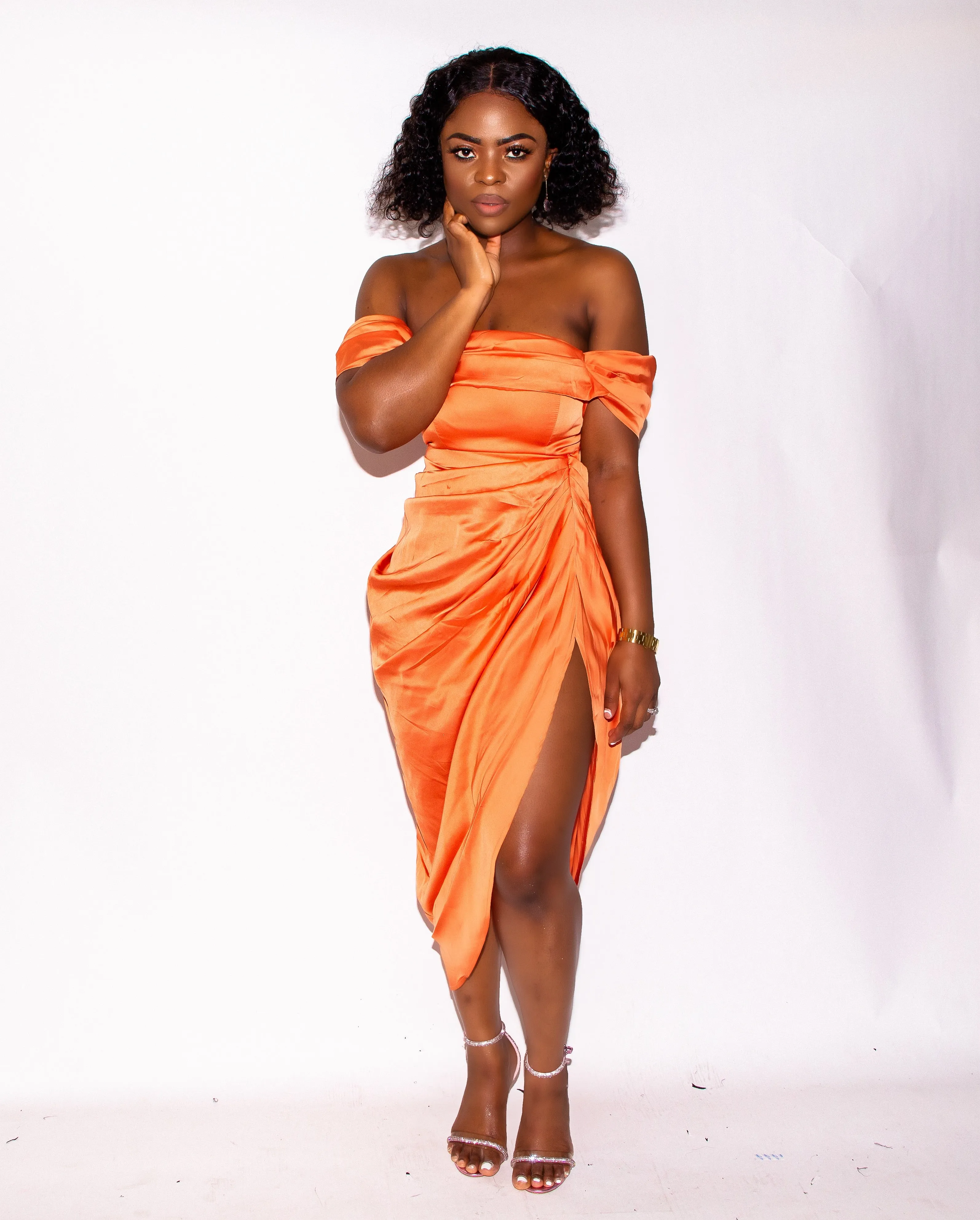 Rust Satin Draped Midi Dress