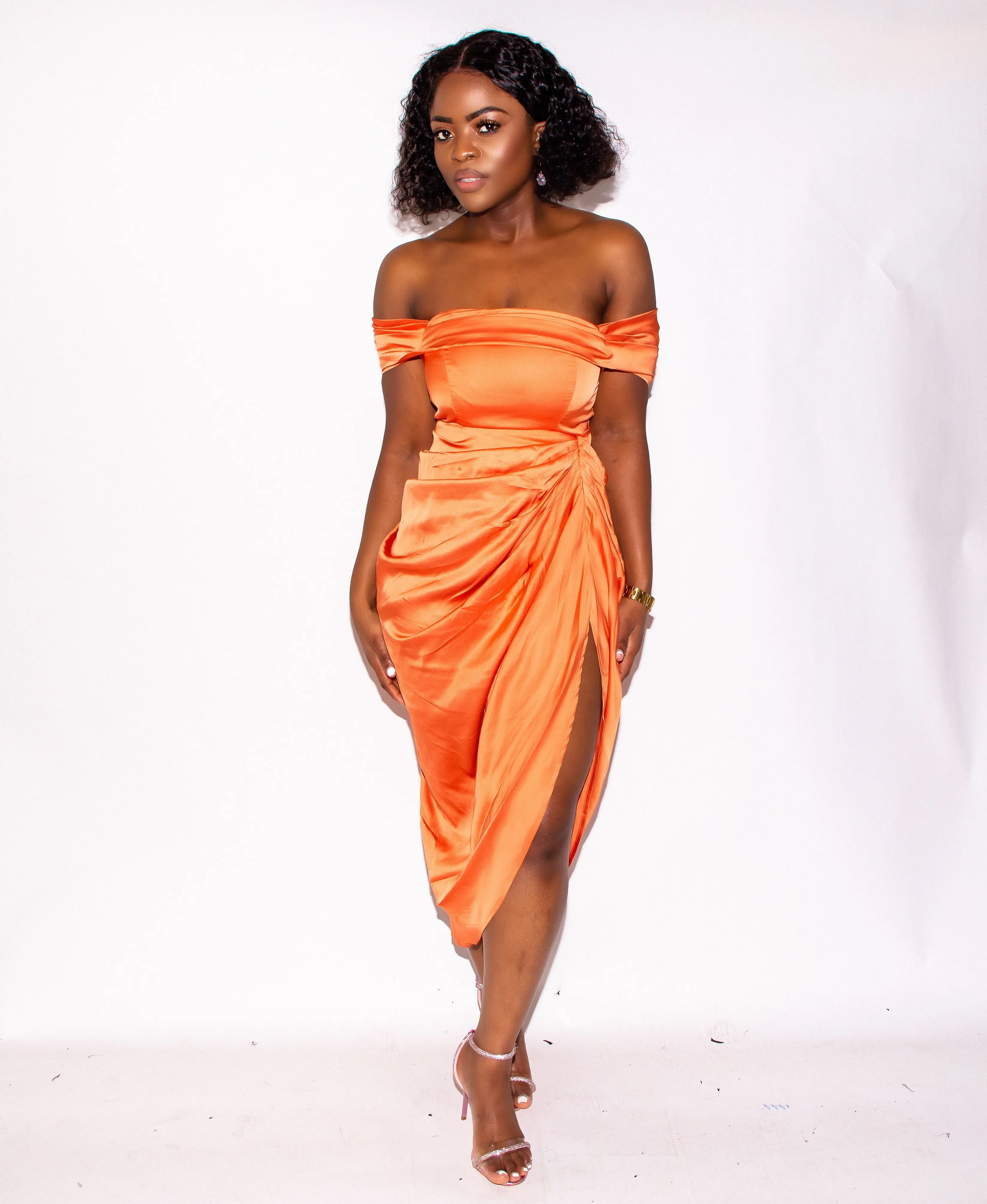 Rust Satin Draped Midi Dress