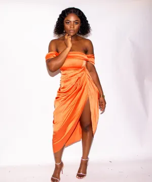Rust Satin Draped Midi Dress