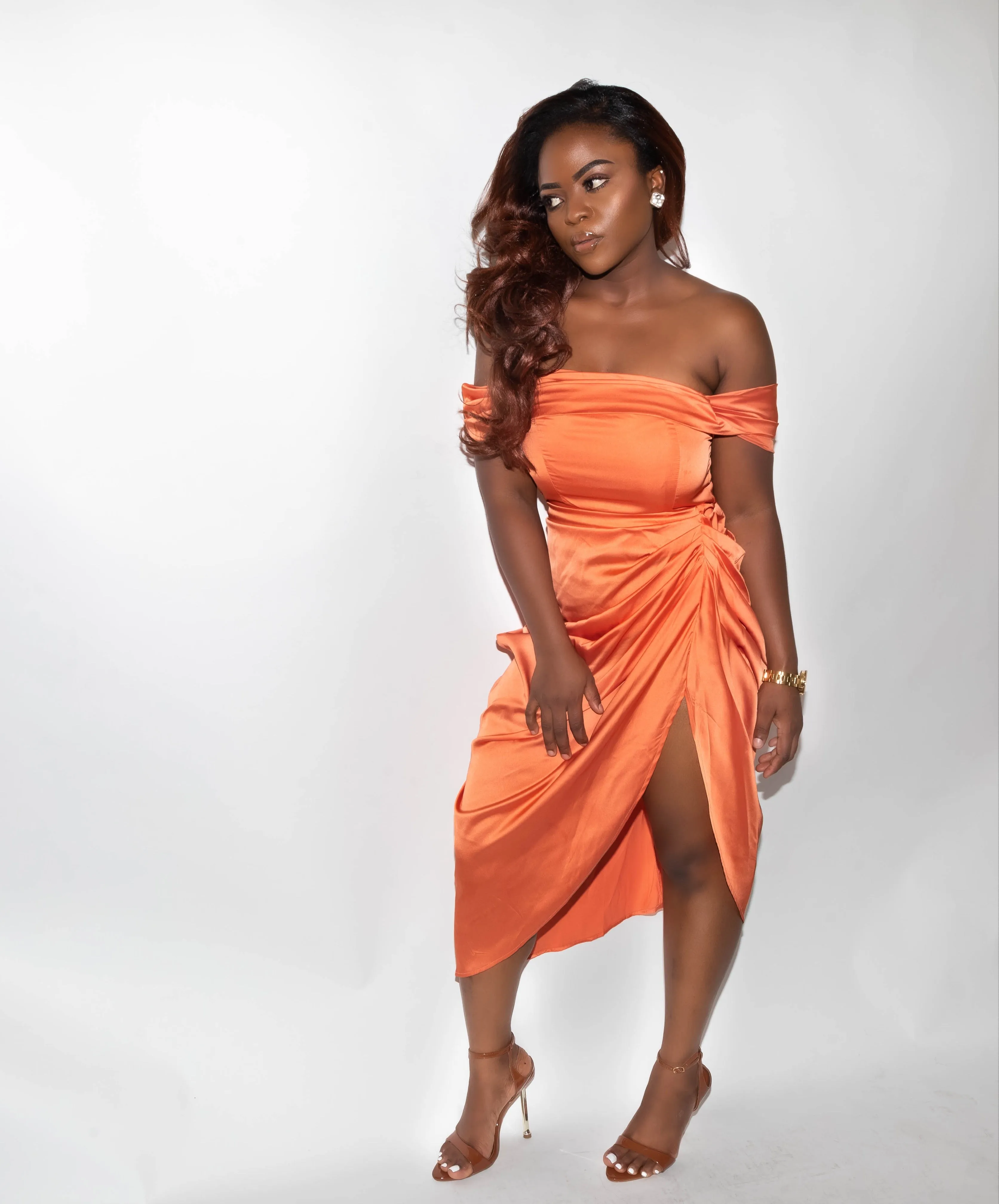 Rust Satin Draped Midi Dress