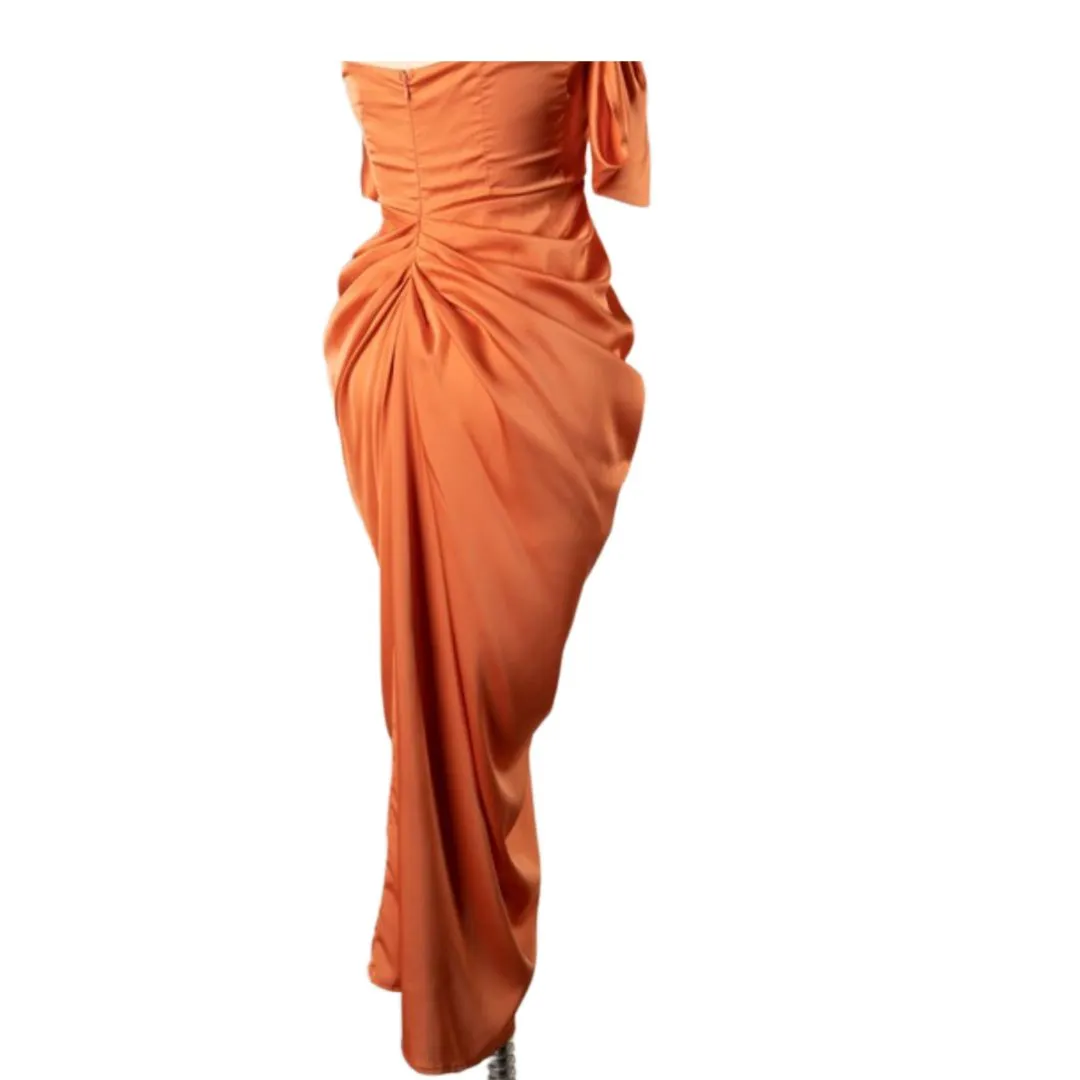 Rust Satin Draped Midi Dress