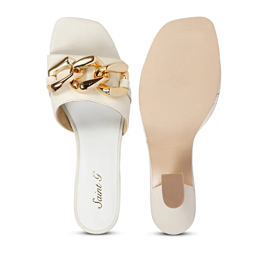 Saint Melissa Off White Leather Metal Chain Embellished Heels