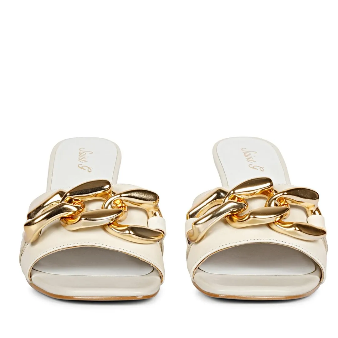 Saint Melissa Off White Leather Metal Chain Embellished Heels