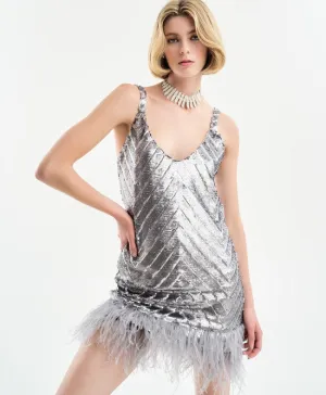 SALE Silver Sequin Dress with Feathers