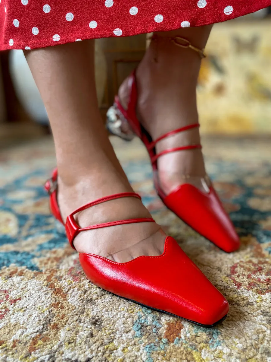 Sharp Toe Strap Detailed Leather Slingbacks - Red